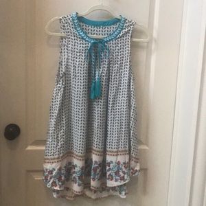 Teal print tunic with keyhole and tassels